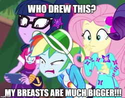 Size: 637x500 | Tagged: safe, edit, edited screencap, screencap, fluttershy, rainbow dash, rarity, sci-twi, twilight sparkle, equestria girls, equestria girls series, festival filters, g4, spoiler:eqg series (season 2), caption, cropped, disgusted, geode of fauna, geode of telekinesis, image macro, implied breasts, implied discord, magical geodes, meme, offscreen character, text