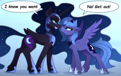 Size: 2500x1555 | Tagged: safe, artist:yakovlev-vad, nightmare moon, princess luna, alicorn, pony, g4, :<, angry, blue background, boop, broken english, cheek fluff, chest fluff, constellation, constellation hair, crown, cute, duality, ear fluff, engrish, ethereal mane, eye contact, female, floppy ears, frown, glare, gradient background, grin, grumpy, helmet, hoof fluff, jewelry, leg fluff, lidded eyes, looking at each other, lunabetes, mare, nose wrinkle, noseboop, pouting, regalia, s1 luna, scrunchy face, self ponidox, simple background, slender, smiling, smirk, smug, spread wings, starry mane, temptation, thin, wing fluff, wings