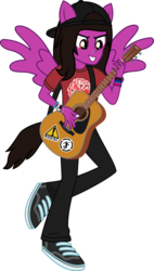 Size: 1198x2113 | Tagged: safe, artist:lightningbolt, derpibooru exclusive, equestria girls, g4, .svg available, acoustic guitar, backwards ballcap, baseball cap, bracelet, cap, clothes, equestria girls-ified, flying, grin, guitar, guitar pick, guitar strap, hat, jewelry, male, musical instrument, nose piercing, pants, pierce the veil, piercing, ponied up, pony ears, shirt, shoes, show accurate, simple background, smiling, solo, svg, t-shirt, tailed humanization, transparent background, vector, vic fuentes, watch, wings, wristband