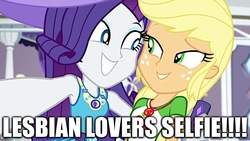 Size: 1280x720 | Tagged: safe, edit, edited screencap, screencap, applejack, rarity, camping must-haves, equestria girls, g4, my little pony equestria girls: better together, caption, excessive exclamation marks, female, geode of shielding, geode of super strength, image macro, lesbian, magical geodes, rarity's bedroom, selfie, ship:rarijack, shipping, text