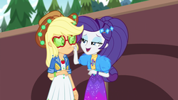 Size: 1920x1080 | Tagged: safe, screencap, applejack, rarity, equestria girls, festival filters, g4, my little pony equestria girls: better together, glasses, pinch, shipping fuel