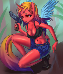 Size: 1200x1400 | Tagged: safe, artist:derpifecalus, oc, oc only, oc:stardust, anthro, breasts, clothes, female, gun, handgun, horn, pistol, shorts, solo, tail, weapon, wings