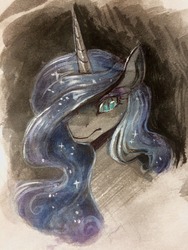 Size: 960x1280 | Tagged: safe, artist:cosmalumi, nightmare moon, alicorn, pony, g4, bust, hair over one eye, portrait, solo, traditional art, watercolor painting