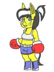 Size: 480x640 | Tagged: safe, artist:blaseroth, oc, oc only, oc:uppercute, pony, anthro, semi-anthro, unguligrade anthro, bipedal, boots, boxing gloves, breasts, clothes, freckles, midriff, shoes, shorts, simple background, sports bra, white background