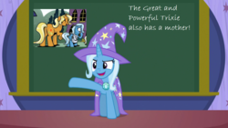 Size: 1280x720 | Tagged: safe, edit, idw, sunflower spectacle, trixie, pony, unicorn, a matter of principals, g4, spoiler:comic40, cape, chalkboard, clothes, female, filly, great and powerful, hat, mare, third person, trixie's cape, trixie's hat