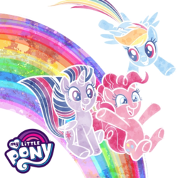 Size: 500x500 | Tagged: safe, pinkie pie, rainbow dash, twilight sparkle, alicorn, earth pony, pegasus, pony, g4, my little pony: rainbow roadtrip, official, female, flying, logo, mare, official artwork, open mouth, open smile, rainbow, sliding, smiling, twilight sparkle (alicorn), typical three
