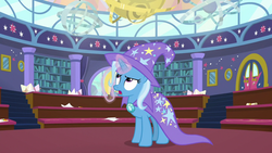 Size: 1280x720 | Tagged: safe, screencap, trixie, pony, a matter of principals, g4, banana, female, food, school of friendship, solo, twilight's castle