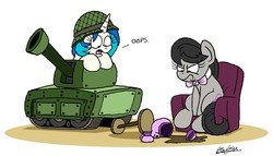 Size: 5818x3323 | Tagged: safe, artist:bobthedalek, dj pon-3, octavia melody, vinyl scratch, earth pony, pony, unicorn, g4, chair, cup, grumpy, helmet, inconvenient vinyl scratch, octavia is not amused, tank (vehicle), teacup, teapot, this will end in tears, this will not end well, tired of your shit, unamused