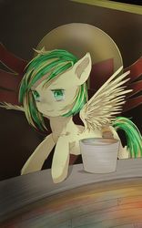 Size: 800x1280 | Tagged: safe, artist:apple rogar, derpibooru exclusive, oc, oc only, oc:wooden toaster, pegasus, pony, fanfic:rainbow factory, bucket, commission, female, legends of the three kingdoms, liquid rainbow, logo, looking at you, mare, office, rainbow, rainbow factory logo, solo, wallpaper