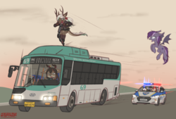 Size: 1726x1166 | Tagged: safe, artist:orang111, oc, oc:lynn, oc:violet rose, bat pony, dragon, bus, car, hyundai, korean, non-mlp oc, police, police car, pursuit, scooter