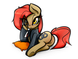 Size: 1976x1502 | Tagged: safe, artist:jetwave, oc, oc only, oc:dala vault, pony, butt, chest fluff, clothes, featureless crotch, female, jacket, leather jacket, pillow, plot, solo