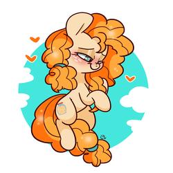 Size: 1500x1500 | Tagged: safe, artist:lou, pear butter, earth pony, pony, g4, blushing, cute, female, freckles, heart, mare, mother, mother's day, pearabetes, sky, solo