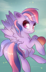 Size: 1142x1768 | Tagged: safe, artist:autumnvoyage, wind sprint, pegasus, pony, common ground, :t, ball, buckball, cute, ear fluff, female, filly, flying, smiling, solo, spread wings, sprintabetes, wing fluff, wings