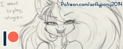Size: 988x396 | Tagged: safe, artist:airfly-pony, oc, oc only, oc:miranda, pony, rcf community, advertisement, elepatrium, elepatrium universe, looking at you, patreon, patreon exclusive, patreon link, patreon logo, patreon preview, paywall content, smiling, solo, traditional art, unicorn (elepatrium), universe elepatrium
