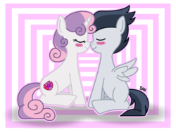 Size: 2969x2227 | Tagged: safe, artist:banquo0, rumble, sweetie belle, pegasus, pony, unicorn, g4, abstract background, colt, cute, cutie mark, female, filly, high res, male, nuzzling, ship:rumbelle, shipping, straight, the cmc's cutie marks