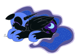 Size: 2122x1503 | Tagged: safe, artist:selenophile, color edit, colorist:childofthenight, edit, editor:childofthenight, nightmare moon, alicorn, pony, g4, colored, cute, eyes closed, female, floppy ears, lying down, mare, nicemare moon, simple background, sleeping, smiling, solo, transparent background