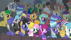 Size: 1367x769 | Tagged: safe, screencap, berry punch, berryshine, caramel, cherry cola, cherry fizzy, dark moon, derpy hooves, dusty swift, final countdown, frying pan (g4), graphite, junebug, lyra heartstrings, orion, rainbow stars, shooting star (character), silver waves, sprout greenhoof, star bright, summit point, sunshower raindrops, team spirit, twinkleshine, wintergreen, pony, common ground, g4, background pony, bleachers, buckball, face paint, fanponies, foam finger, hat, las pegasus resident, makeup, stadium