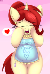 Size: 2442x3651 | Tagged: safe, artist:an-tonio, oc, oc only, oc:golden brooch, pony, unicorn, apron, bipedal, clothes, cute, earring, eyes closed, female, hair bun, happy, heart, high res, housewife, jewelry, looking at you, mare, mother, mother's day, necklace, ocbetes, pearl earrings, pearl necklace, smiling, smiling at you, solo, squishy cheeks