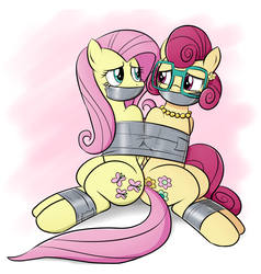 Size: 950x1000 | Tagged: safe, artist:nivek15, fluttershy, posey shy, pegasus, pony, g4, arm behind back, bondage, bound together, damsel in distress, duct tape, female, gag, glasses, looking at each other, mother and daughter, tape, tape bondage, tape gag, tied up
