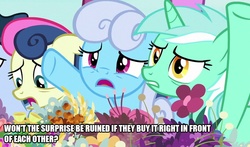 Size: 851x500 | Tagged: safe, edit, edited screencap, screencap, bon bon, linky, lyra heartstrings, shoeshine, sweetie drops, earth pony, pony, g4, it isn't the mane thing about you, caption, flower, image macro, mare's day, text
