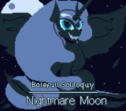 Size: 640x560 | Tagged: safe, artist:dinexistente, nightmare moon, pony, g4, boss subtitles, female, grin, limited palette, moon, night, pixel art, smiling, solo, text