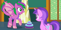 Size: 2340x1184 | Tagged: safe, artist:razorbladetheunicron, amethyst star, sparkler, oc, oc:firestorm swirl, dracony, hybrid, pony, unicorn, lateverse, g4, alternate universe, amethyst butt, base used, butt, cake, candle, daughter, duo, female, food, mother, mother and daughter, mother's day, next generation, offspring, parent:amethyst star, parent:spike, parents:amespike, plot