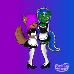 Size: 797x800 | Tagged: safe, artist:djwolf, oc, oc:prince thunder spark, alicorn, wolf, anthro, alicorn oc, blushing, closed mouth, clothes, crossdressing, cute, eyes closed, french maid, hands behind back, high heels, leggings, maid, male, shoes