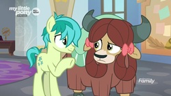 Size: 1280x720 | Tagged: safe, screencap, sandbar, yona, earth pony, pony, yak, g4, she's all yak, bow, cloven hooves, duo, female, frown, hair bow, horns, male, monkey swings, raised hoof, school of friendship, smiling, teenager