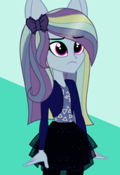 Size: 835x1219 | Tagged: safe, artist:galacticflashd, oc, oc only, oc:ferrier nice, equestria girls, g4, bow, clothes, eyeshadow, female, hair bow, makeup, pantyhose, sad, simple background, skirt, solo