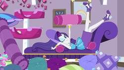 Size: 1920x1080 | Tagged: safe, screencap, rarity, camping must-haves, equestria girls, g4, my little pony equestria girls: better together, armpits, body pillow, clothes, geode of shielding, high heels, legs, legs in air, looking at you, magical geodes, one eye closed, pencil skirt, pillow, rarity peplum dress, rarity's bedroom, sexy, shoes, skirt, wink
