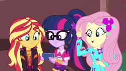 Size: 1920x1080 | Tagged: safe, screencap, applejack, fluttershy, rainbow dash, rarity, sci-twi, sunset shimmer, twilight sparkle, equestria girls, festival filters, g4, my little pony equestria girls: better together, animated, bigfoot, bigfoot blurry in the background, female, geode of telekinesis, magical geodes, peace sign, sasquatch, selfie, smiling, sound, webm