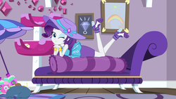 Size: 1920x1080 | Tagged: safe, screencap, rarity, camping must-haves, equestria girls, equestria girls series, g4, spoiler:eqg series (season 2), body pillow, cushion, female, geode of shielding, looking at you, magical geodes, pillow, rarity peplum dress, rarity's bedroom, solo