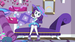 Size: 1920x1080 | Tagged: safe, screencap, rarity, camping must-haves, equestria girls, g4, my little pony equestria girls: better together, :o, cute, geode of shielding, looking at you, magical geodes, open mouth, rarara, raribetes, rarity peplum dress, rarity's bedroom, sitting