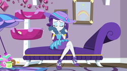 Size: 1920x1080 | Tagged: safe, screencap, rarity, camping must-haves, equestria girls, g4, my little pony equestria girls: better together, couch, crossed legs, eyes closed, female, geode of shielding, magical geodes, puckered lips, rarity peplum dress, rarity's bedroom, sitting, solo