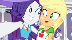 Size: 1920x1080 | Tagged: safe, screencap, applejack, rarity, camping must-haves, equestria girls, g4, my little pony equestria girls: better together, cute, female, geode of shielding, geode of super strength, jackabetes, looking at each other, magical geodes, open mouth, raribetes, rarity's bedroom, selfie, shipping fuel, smiling