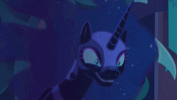 Size: 500x281 | Tagged: safe, screencap, nightmare moon, alicorn, pony, g4, the cutie re-mark, alternate timeline, animated, cute, ethereal mane, female, gif, grin, mare, nightmare takeover timeline, now that's something i would like to see, smiling, solo, stare, starry mane