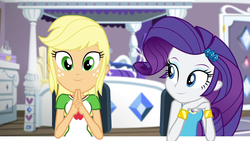 Size: 1920x1080 | Tagged: safe, screencap, applejack, rarity, camping must-haves, equestria girls, g4, my little pony equestria girls: better together, cute, geode of shielding, jackabetes, magical geodes, raribetes, rarity's bedroom, shipping fuel