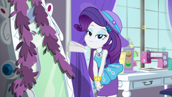 Size: 1920x1080 | Tagged: safe, screencap, rarity, camping must-haves, equestria girls, g4, my little pony equestria girls: better together, beautiful, female, geode of shielding, hat, lidded eyes, looking at you, magical geodes, mirror, rarity peplum dress, rarity's bedroom