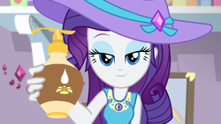 Size: 1920x1080 | Tagged: safe, screencap, rarity, camping must-haves, equestria girls, g4, my little pony equestria girls: better together, bedroom eyes, eyeshadow, female, geode of shielding, hat, lidded eyes, looking at you, lotion, magical geodes, makeup, out of context, rarity's bedroom, solo