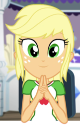 Size: 641x994 | Tagged: safe, screencap, applejack, camping must-haves, equestria girls, g4, my little pony equestria girls: better together, cropped, cute, female, jackabetes, looking at you, rarity's bedroom, smiling, smiling at you, solo