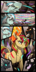 Size: 898x1799 | Tagged: safe, artist:inuhoshi-to-darkpen, artist:parclytaxel, starlight glimmer, sunset shimmer, oc, oc:blackfyre, oc:puzzle piece, oc:strumming heartstrings, changeling, dragon, pony, unicorn, fanfic:northern venture, g4, amputee, armor, changeling oc, fanfic art, feathered fetlocks, female, floppy ears, male, mare, missing limb, scared
