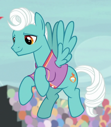Size: 755x864 | Tagged: safe, screencap, fire gem, pegasus, pony, common ground, g4, background pony, clothes, cropped, flying, jersey, male, shirt, solo, stallion