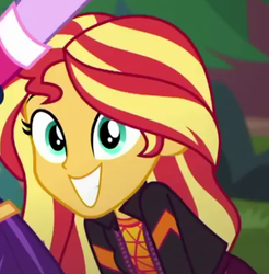 Size: 412x419 | Tagged: safe, screencap, sci-twi, sunset shimmer, twilight sparkle, equestria girls, festival filters, g4, my little pony equestria girls: better together, clothes, cropped, cute, female, grin, new hairstyle, new outfit, offscreen character, shimmerbetes, smiling