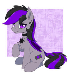 Size: 1280x1350 | Tagged: safe, artist:puetsua, oc, oc only, oc:nyro, bat pony, pony, bat wings, chest fluff, choker, ear fluff, ear piercing, earring, folded wings, jewelry, necklace, piercing, raised hoof, simple background, sitting, solo, white background, wings