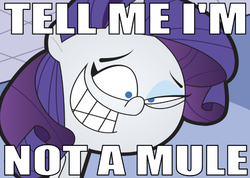Size: 669x475 | Tagged: safe, editor:undeadponysoldier, rarity, pony, unicorn, g4, caption, crazy face, eye twitch, faic, female, image macro, mare, meme, mentally challenged, smiling, solo, tell me i'm pretty, text, the fairly oddparents, trixie tang, unstable
