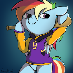 Size: 5000x5000 | Tagged: safe, artist:rainyvisualz, rainbow dash, pegasus, pony, g4, :3, a hat in time, baseball bat, bipedal, bottomless, clothes, crotch, featureless crotch, female, gradient background, jacket, mare, partial nudity, smug, solo, varsity jacket
