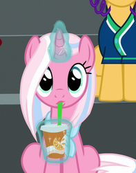 Size: 834x1056 | Tagged: safe, screencap, caramel, clear sky, pony, unicorn, common ground, g4, cropped, cup, cute, cute sky, drink, drinking, drinking straw, female, glowing horn, horn, juice, looking at you, magic, magic aura, mare, solo focus, telekinesis
