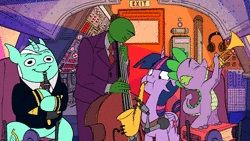 Size: 2668x1500 | Tagged: safe, alternate version, artist:anontheanon, lyra heartstrings, spike, twilight sparkle, oc, oc:anon, alicorn, dragon, pony, g4, airplane!, animated, automatic pilot, clarinet, cockpit, colored, double bass, featured image, female, frame by frame, male, mare, musical instrument, no sound, parody of a parody, perfect loop, plane, robotic arm, saxophone, trumpet, twilight sparkle (alicorn), webm