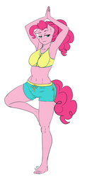 Size: 600x1218 | Tagged: safe, artist:pia-sama, pinkie pie, earth pony, anthro, plantigrade anthro, g4, armpits, barefoot, belly button, breasts, clothes, feet, female, looking at you, mare, midriff, solo, yoga
