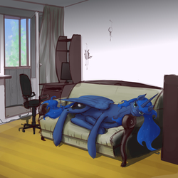 Size: 2000x2000 | Tagged: safe, artist:xxkrutoy, princess luna, alicorn, pony, g4, chair, computer, couch, cute, desk, dreamcatcher, female, high res, looking at you, lunabetes, lying down, mare, solo, window